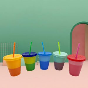walbest set of 5 color changing cups when cold with lids and straws, 16oz blank plastic tumbler coffee cups, kids color changing tumbler reusable boba cup gifts 5pcs mix color
