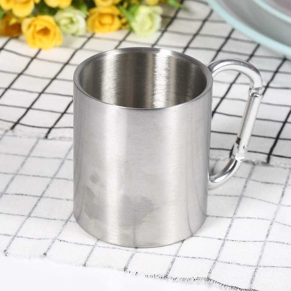 Stainless Steel Mug, Portable 220ml Camping Kettle Traveling Outdoor Sports Hiking with Carabiner Double Wall Hook