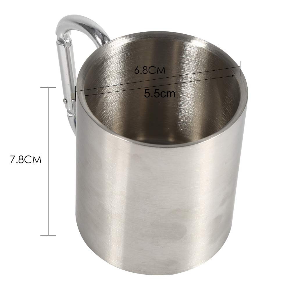 Stainless Steel Mug, Portable 220ml Camping Kettle Traveling Outdoor Sports Hiking with Carabiner Double Wall Hook