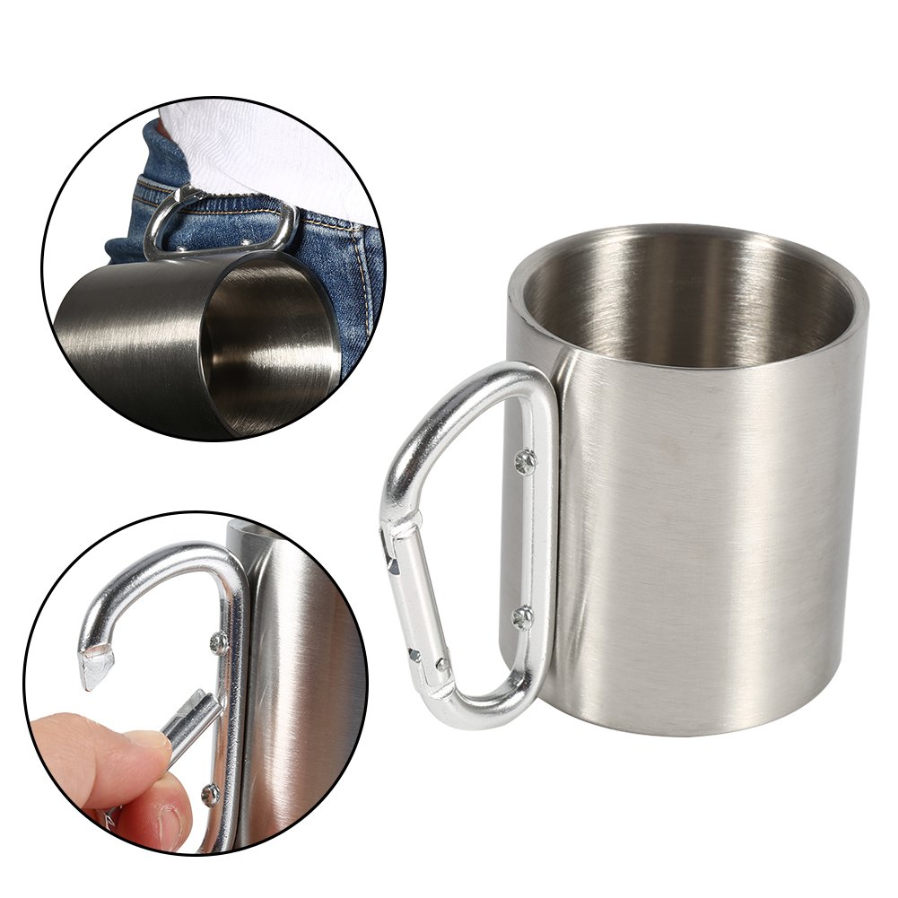 Stainless Steel Mug, Portable 220ml Camping Kettle Traveling Outdoor Sports Hiking with Carabiner Double Wall Hook