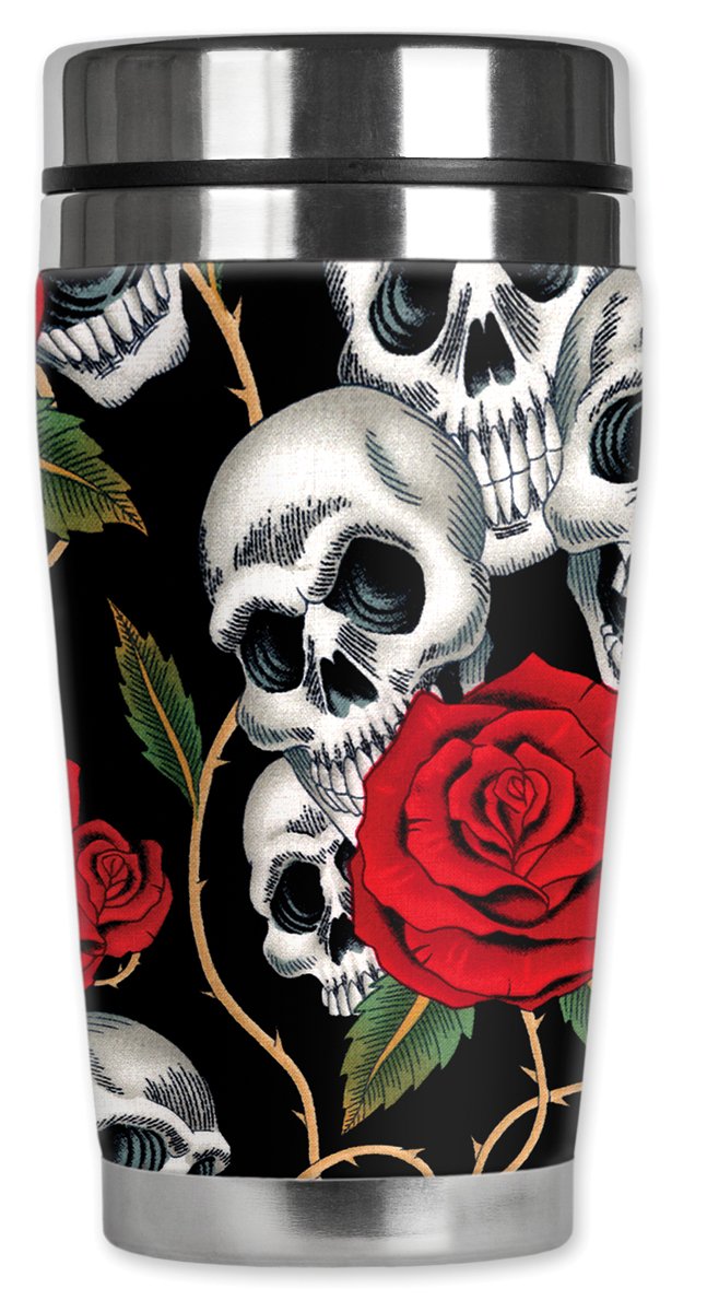 Mugzie Skull & Roses Travel Mug with Insulated Wetsuit Cover, 16 oz, Black