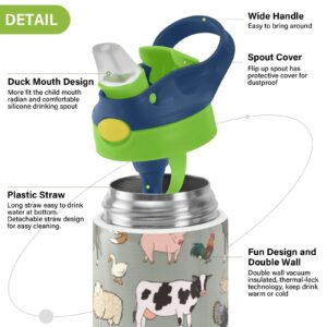 xigua Farm Animal Water Bottle with Straw Lid, Leakproof Double Walled Vacuum Insulated Stainless Steel Thermo Flask Travel Tumbler for Kids, Boys, Girls