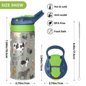 xigua Farm Animal Water Bottle with Straw Lid, Leakproof Double Walled Vacuum Insulated Stainless Steel Thermo Flask Travel Tumbler for Kids, Boys, Girls