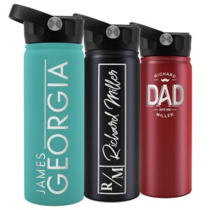 personalized water bottle w straw lid double wall insulated | 18 oz - 16 designs - 9 colors | custom water bottle w name and text, bpa free - non sweat - vacuum insulated