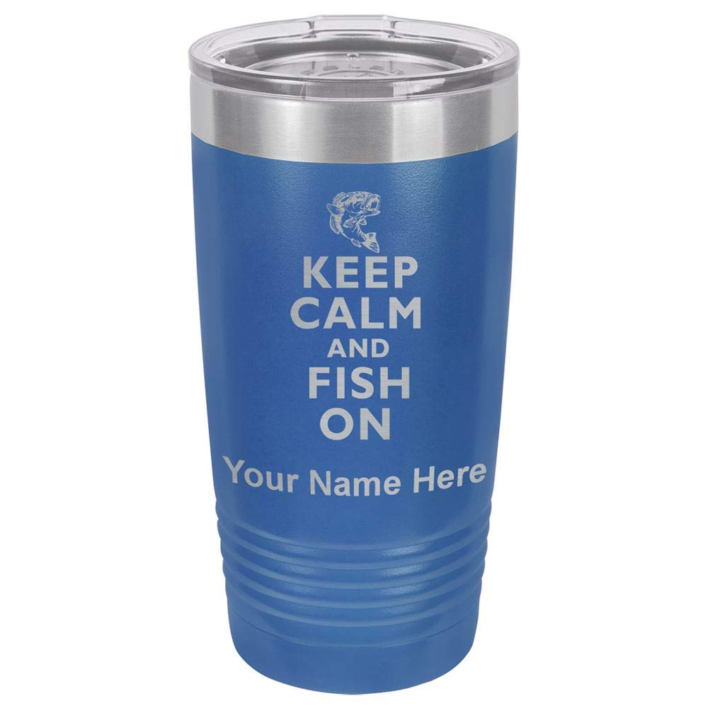 LaserGram 20oz Vacuum Insulated Tumbler Mug, Keep Calm and Fish On, Personalized Engraving Included (Dark Blue)