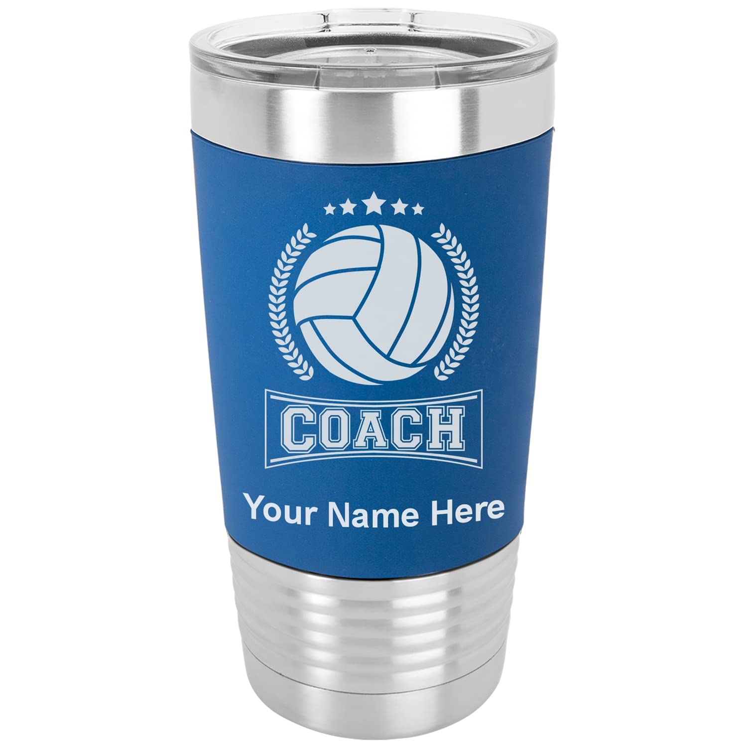 LaserGram 20oz Vacuum Insulated Tumbler Mug, Volleyball Coach, Personalized Engraving Included (Silicone Grip, Dark Blue)