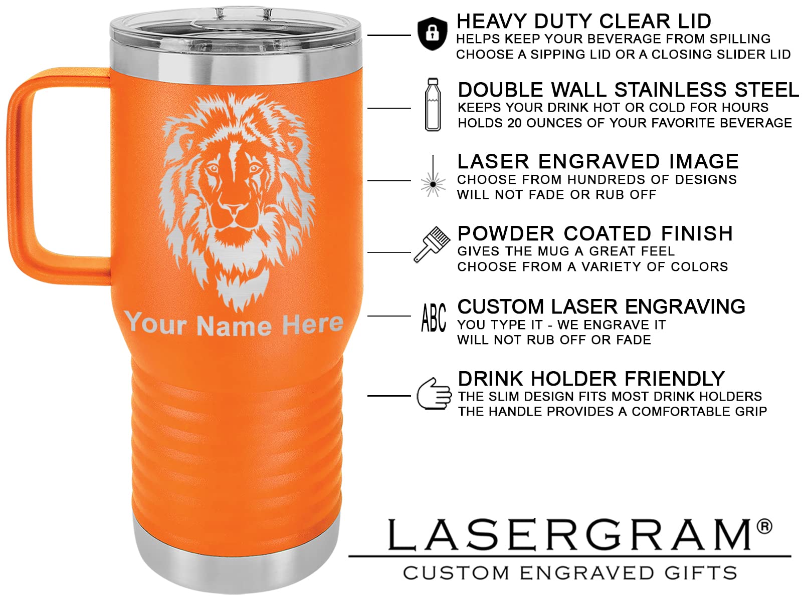 LaserGram 20oz Vacuum Insulated Travel Mug with Handle, Crab, Personalized Engraving Included (Orange)