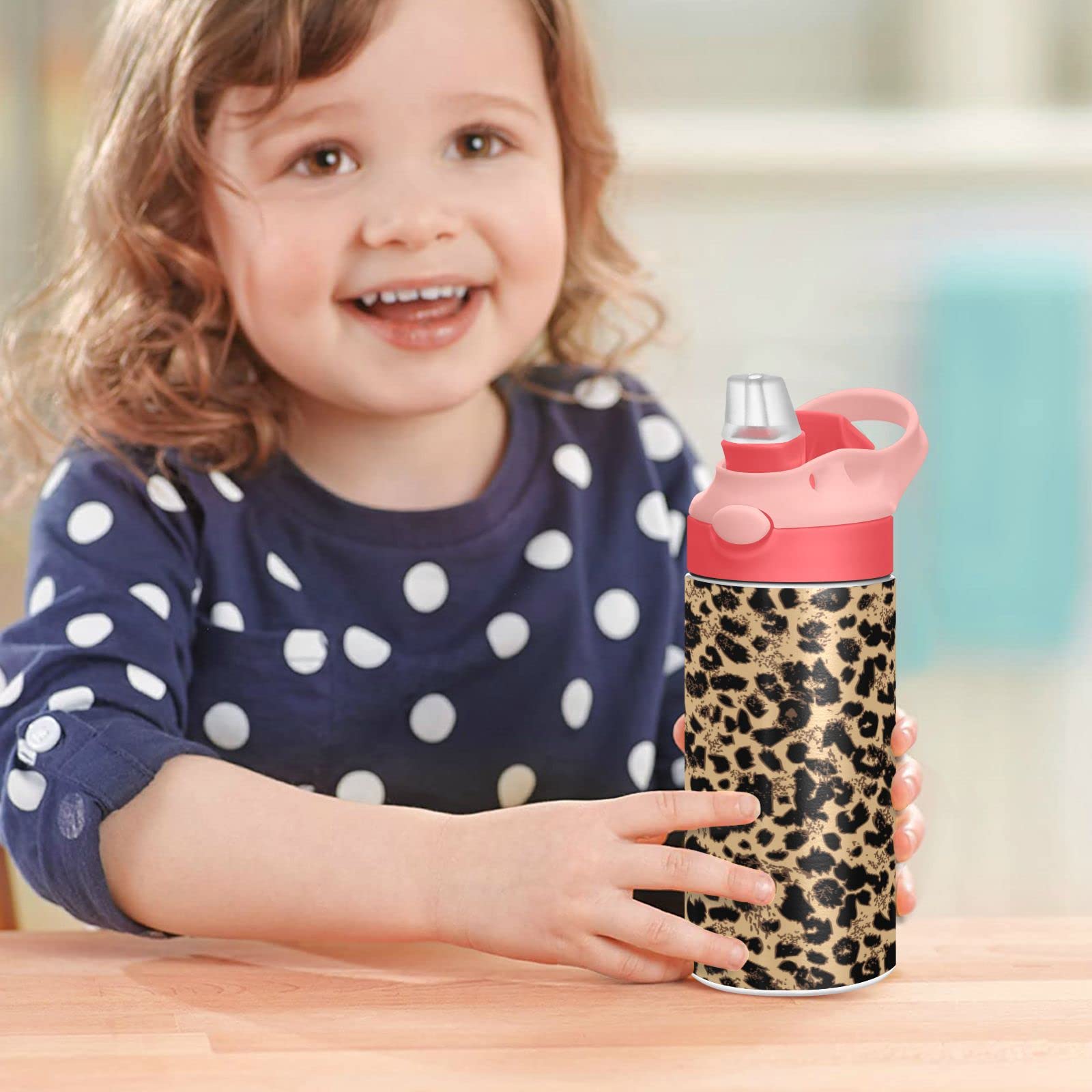 MCHIVER Leopard Print Kids Water Bottle with Straw Insulated Stainless Steel Kids Water Bottle Thermos for School Girls Boys Reusable Tumbler 12 oz / 350 ml Pink Top