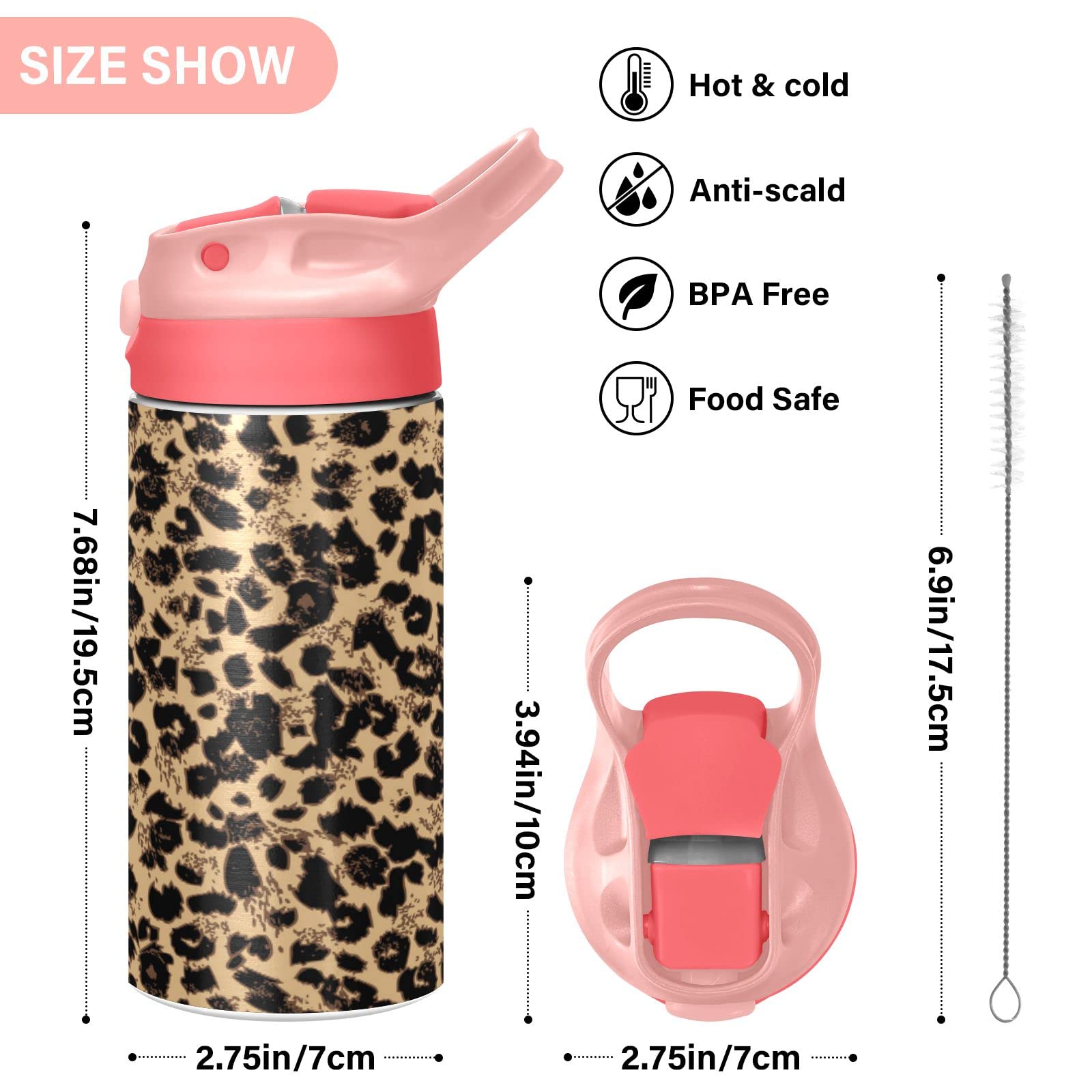 MCHIVER Leopard Print Kids Water Bottle with Straw Insulated Stainless Steel Kids Water Bottle Thermos for School Girls Boys Reusable Tumbler 12 oz / 350 ml Pink Top