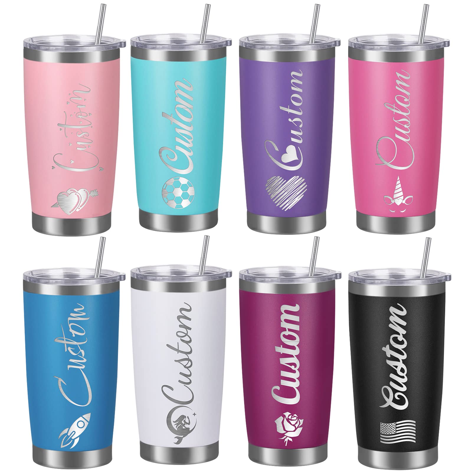 Personalized Water Bottles with Straw 20oz Custom Stainless Steel Sports Water Bottle with Engraved Name Text Customized Insulated Double Wall Water Bottles for School Sports(Rose)