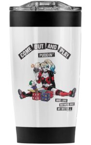 logovision harley quinn come out and play stainless steel tumbler 20 oz coffee travel mug/cup, vacuum insulated & double wall with leakproof sliding lid | great for hot drinks and cold beverages