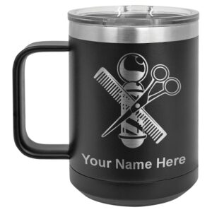 lasergram 15oz vacuum insulated coffee mug, barber shop pole, personalized engraving included (black)