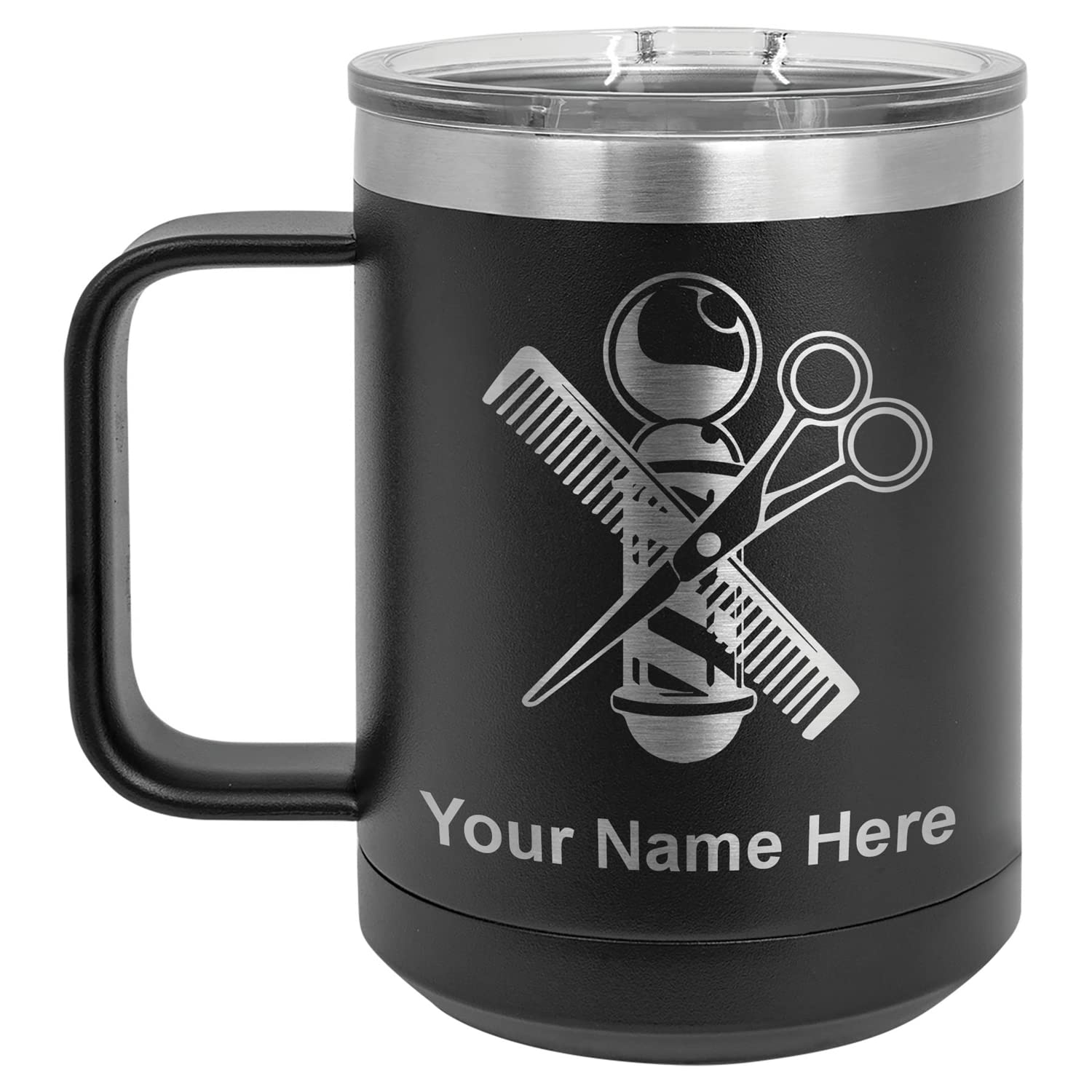 LaserGram 15oz Vacuum Insulated Coffee Mug, Barber Shop Pole, Personalized Engraving Included (Black)