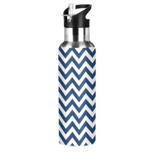 xigua sports water bottle 20 oz, navy blue white chevron pattern leak-proof stainless steel vacuum flask with straw hat and straw for student fitness outdoor