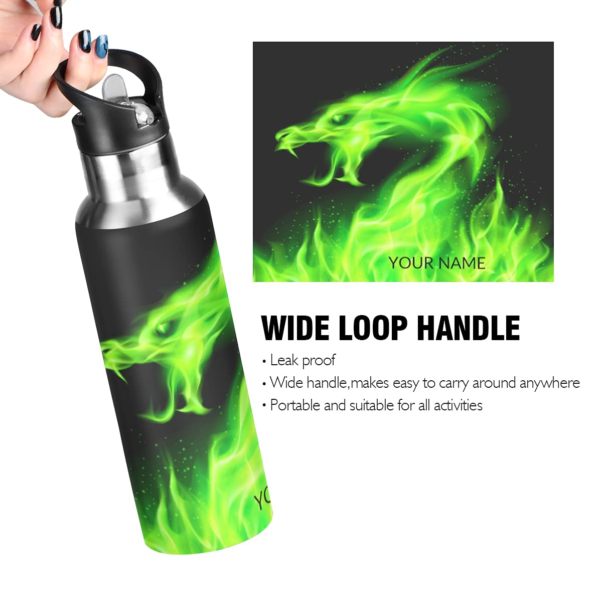 CHIFIGNO Green Fire Dragon Personalized Water Bottle Vacuum Insulated Stainless Steel Keeps Liquids Hot or Cold Customized Cup