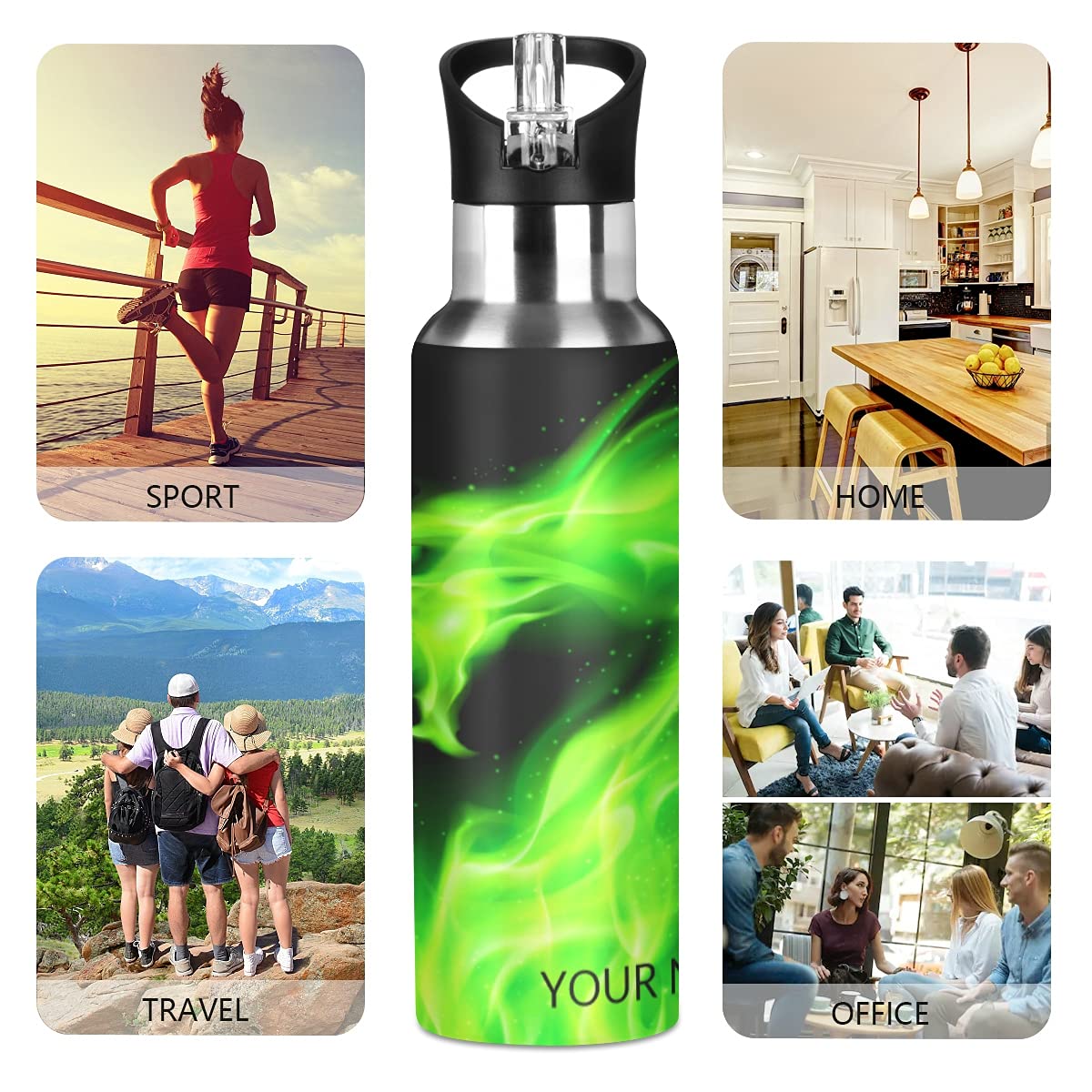 CHIFIGNO Green Fire Dragon Personalized Water Bottle Vacuum Insulated Stainless Steel Keeps Liquids Hot or Cold Customized Cup