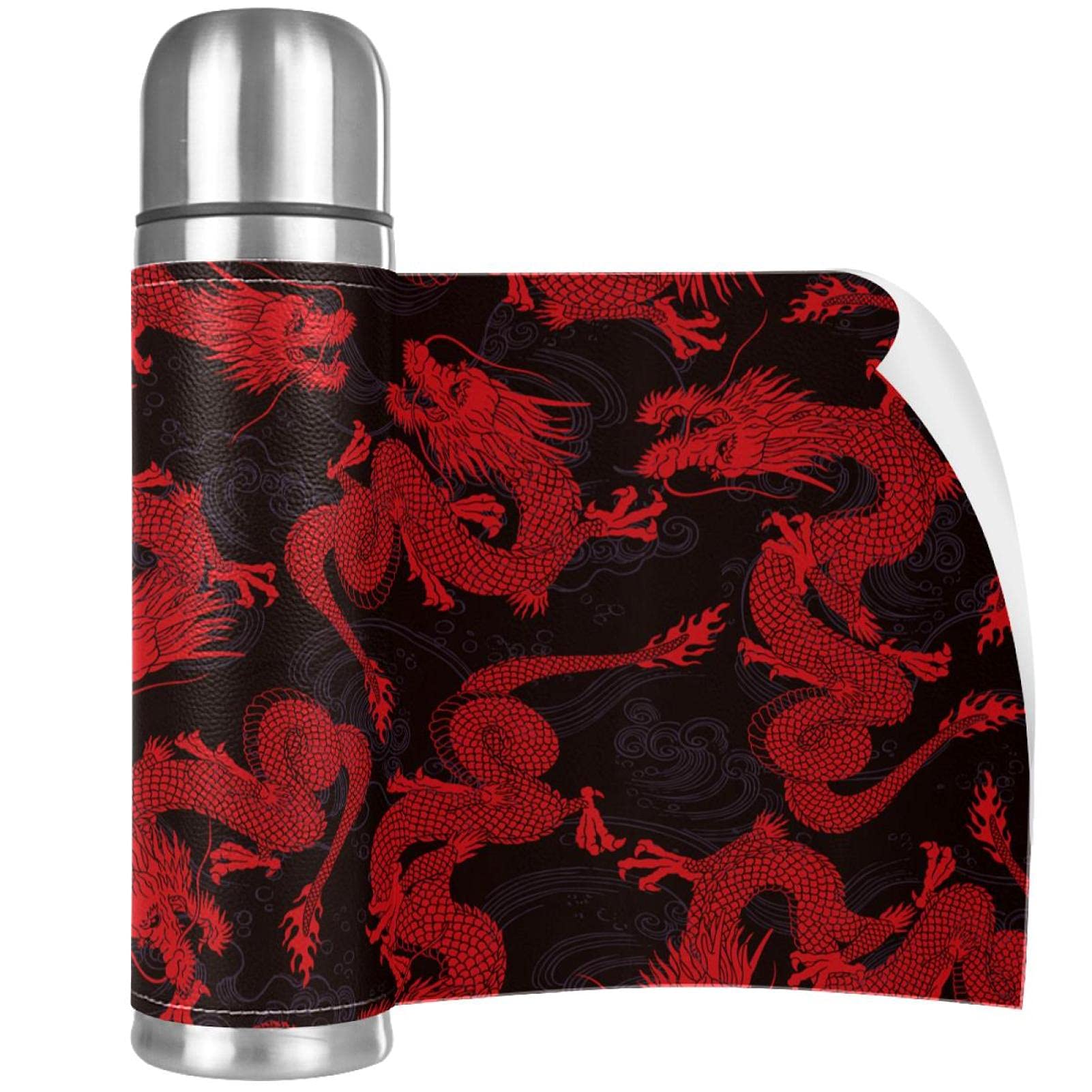 Stainless Steel Vacuum Insulated Mug, Dragon Chinese Red Print Thermos Water Bottle for Hot and Cold Drinks Kids Adults 17 Oz