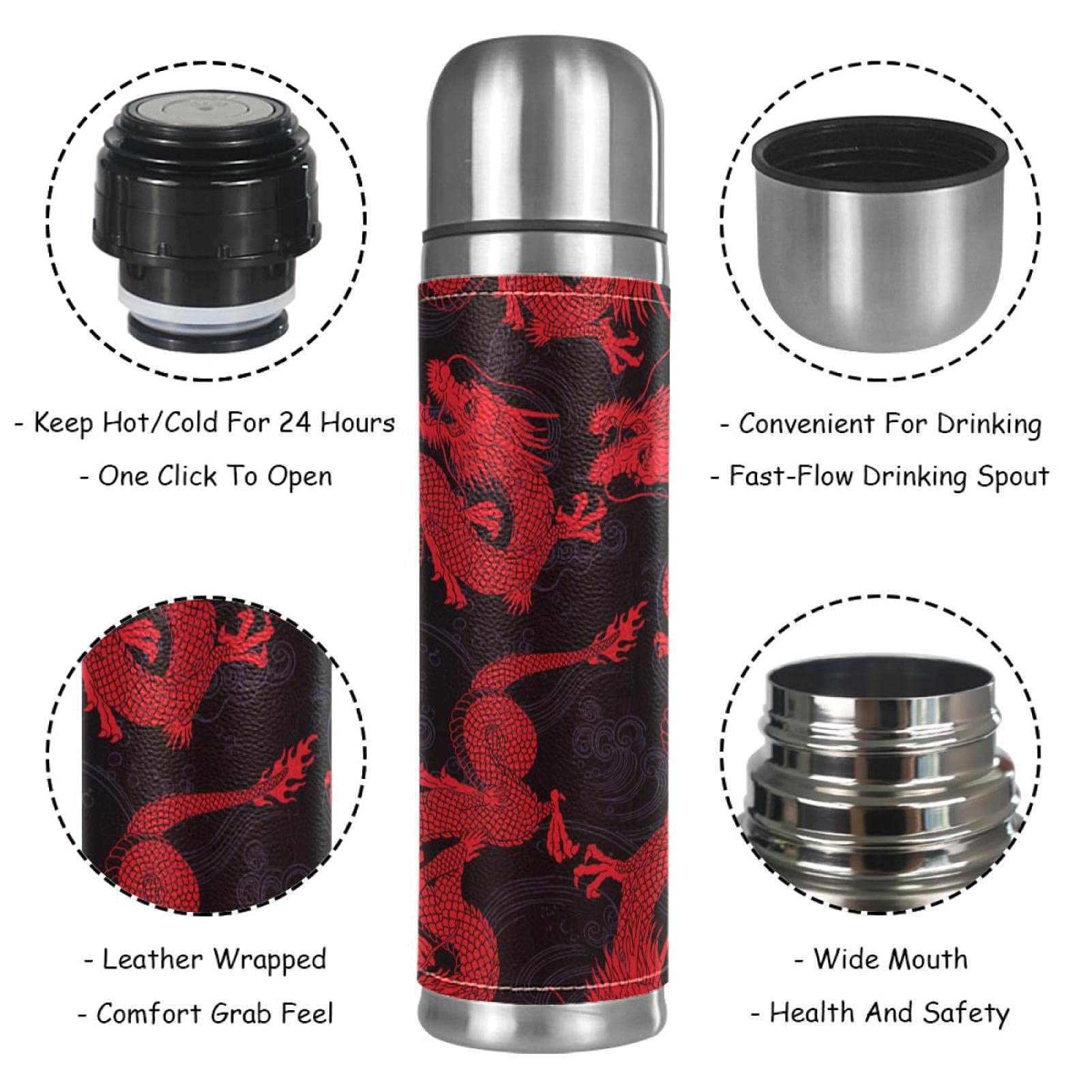 Stainless Steel Vacuum Insulated Mug, Dragon Chinese Red Print Thermos Water Bottle for Hot and Cold Drinks Kids Adults 17 Oz