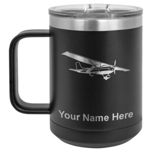 lasergram 15oz vacuum insulated coffee mug, high wing airplane, personalized engraving included (black)