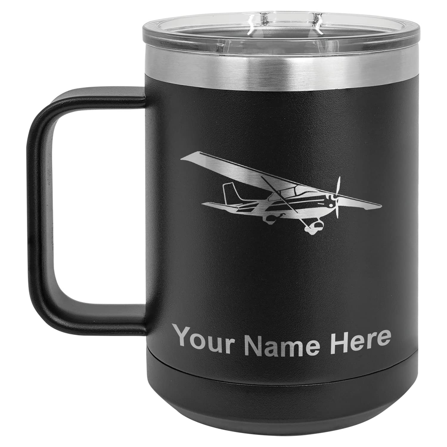 LaserGram 15oz Vacuum Insulated Coffee Mug, High Wing Airplane, Personalized Engraving Included (Black)