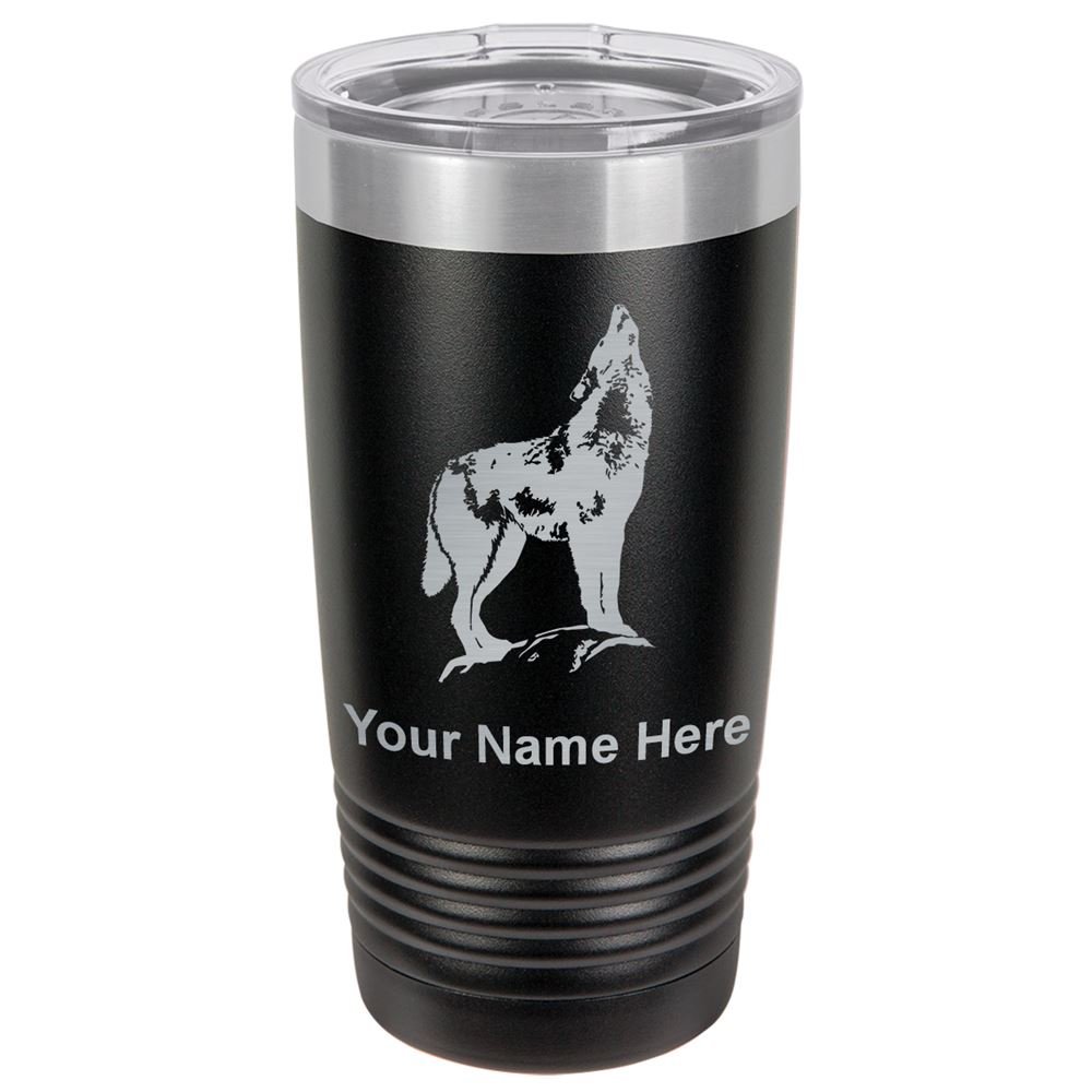 LaserGram 20oz Vacuum Insulated Tumbler Mug, Howling Wolf, Personalized Engraving Included (Black)