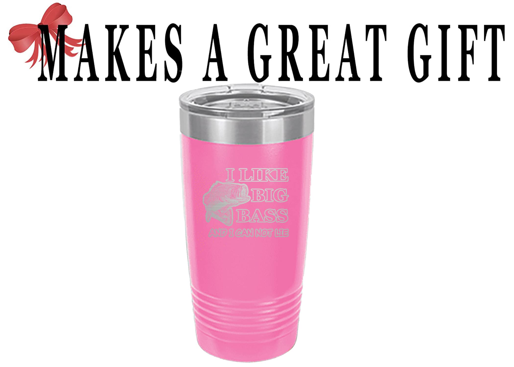 Rogue River Tactical Funny Fishing 20 Oz. Travel Tumbler Mug Cup w/Lid Vacuum Insulated Hot or Cold I Like Big Bass Fishing Gift Fish (Pink)