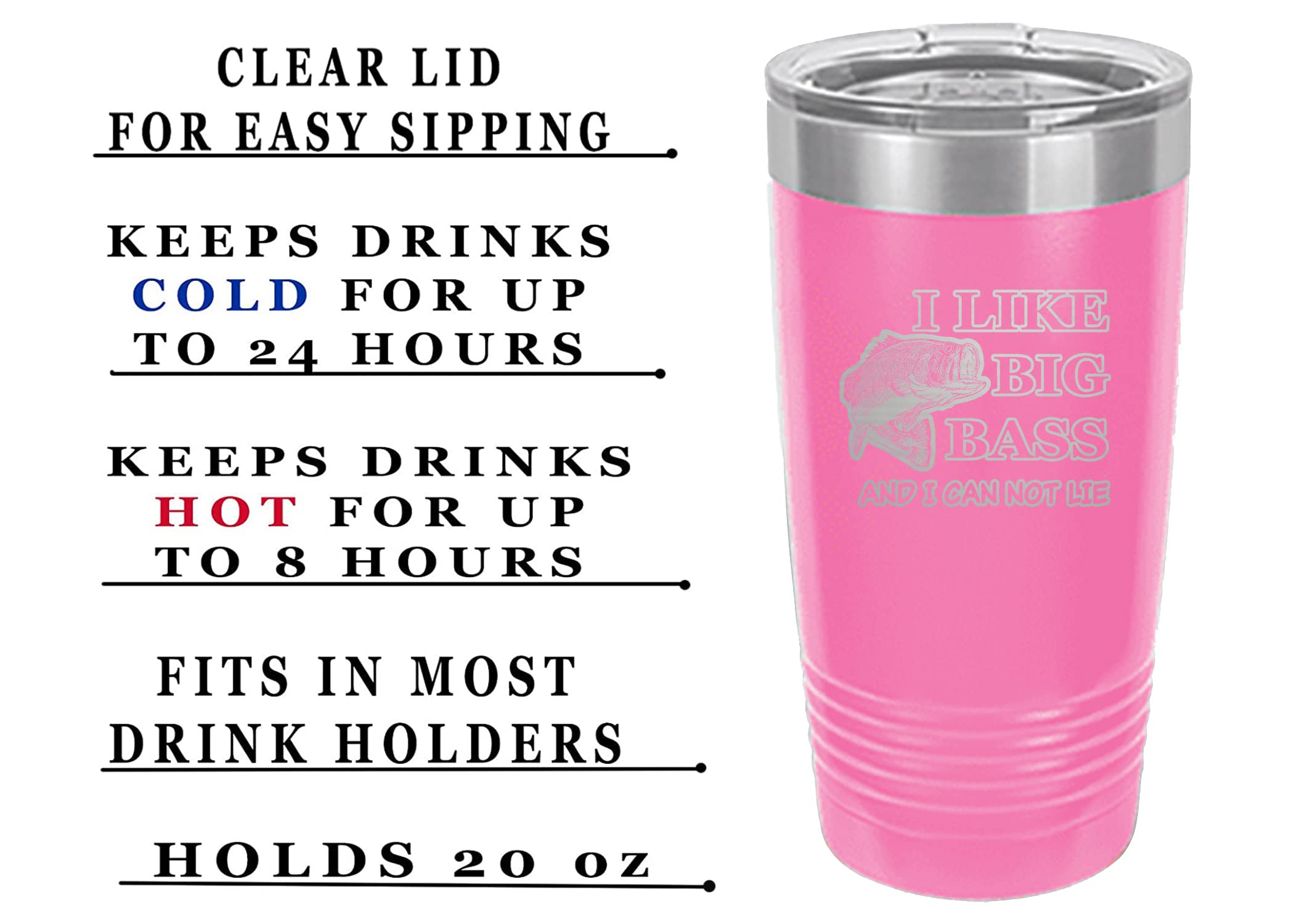 Rogue River Tactical Funny Fishing 20 Oz. Travel Tumbler Mug Cup w/Lid Vacuum Insulated Hot or Cold I Like Big Bass Fishing Gift Fish (Pink)