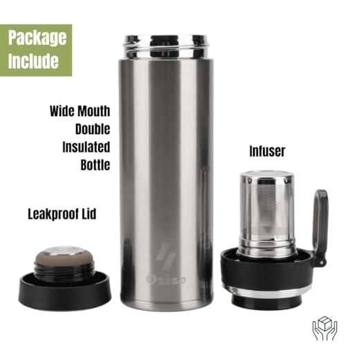 Tea Thermos with Infuser, 18 oz Stainless Steel Double Wall Insulated Ozizo Flask with Leakproof Lid