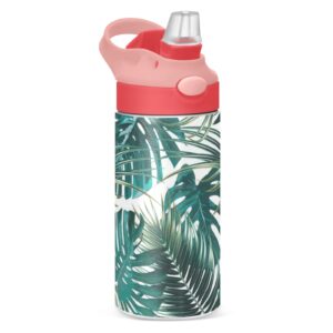 tropical palm leaves kids water bottle, vacuum insulated stainless steel, double walled leakproof tumbler travel cup for girls boys toddlers, 12 oz