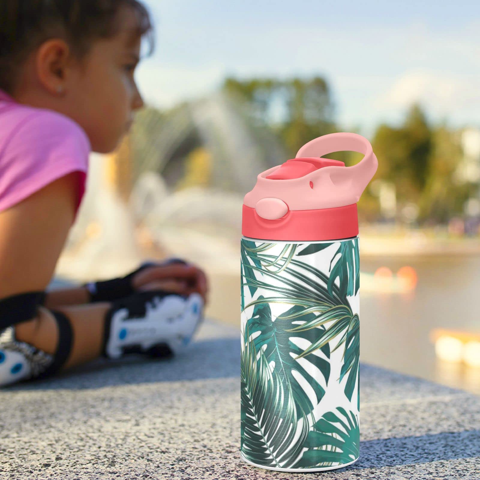 Tropical Palm Leaves Kids Water Bottle, Vacuum Insulated Stainless Steel, Double Walled Leakproof Tumbler Travel Cup for Girls Boys Toddlers, 12 oz