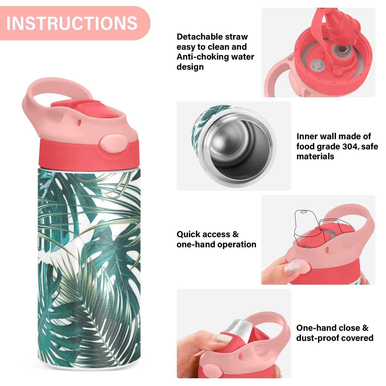 Tropical Palm Leaves Kids Water Bottle, Vacuum Insulated Stainless Steel, Double Walled Leakproof Tumbler Travel Cup for Girls Boys Toddlers, 12 oz