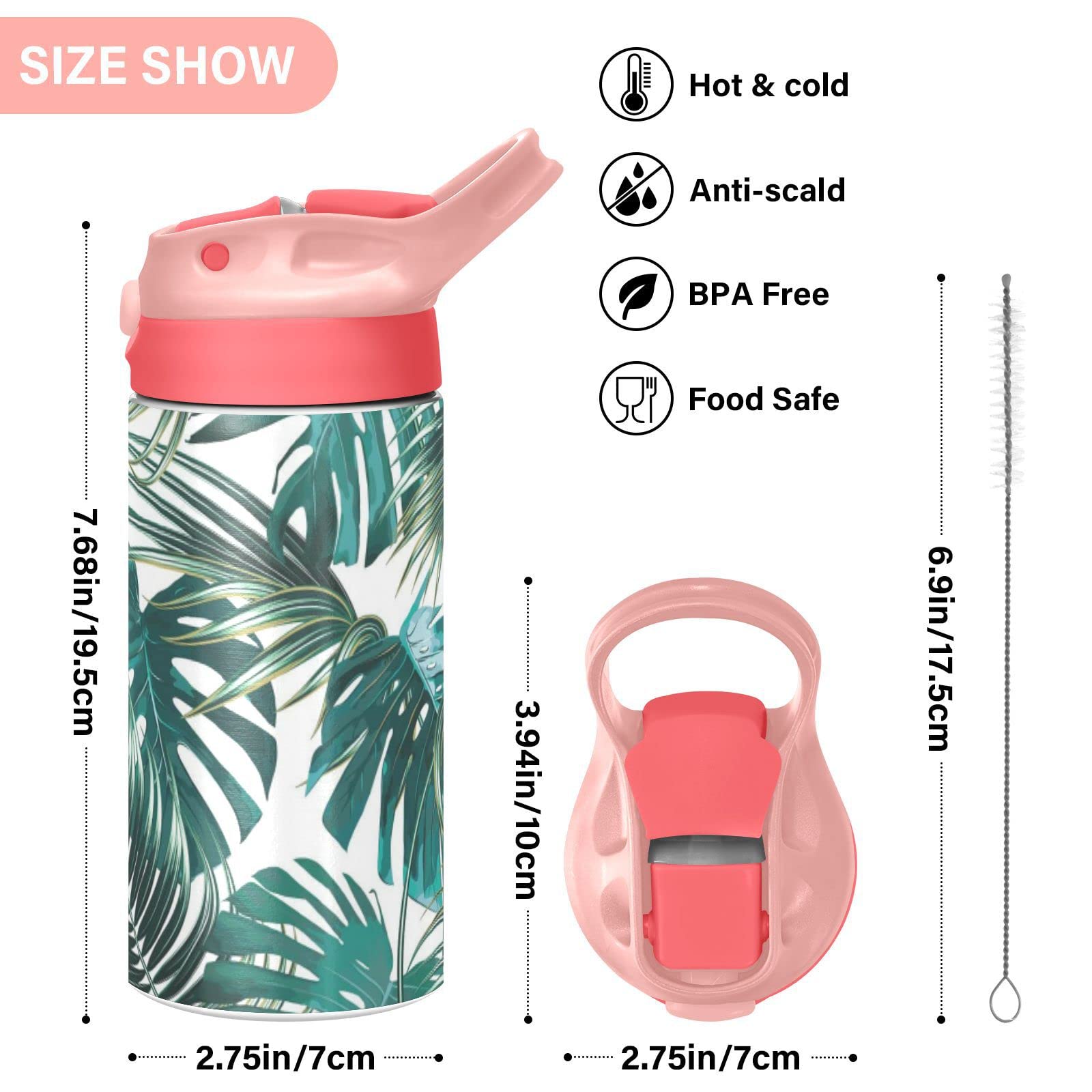 Tropical Palm Leaves Kids Water Bottle, Vacuum Insulated Stainless Steel, Double Walled Leakproof Tumbler Travel Cup for Girls Boys Toddlers, 12 oz