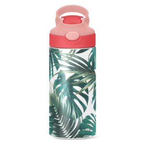 Tropical Palm Leaves Kids Water Bottle, Vacuum Insulated Stainless Steel, Double Walled Leakproof Tumbler Travel Cup for Girls Boys Toddlers, 12 oz