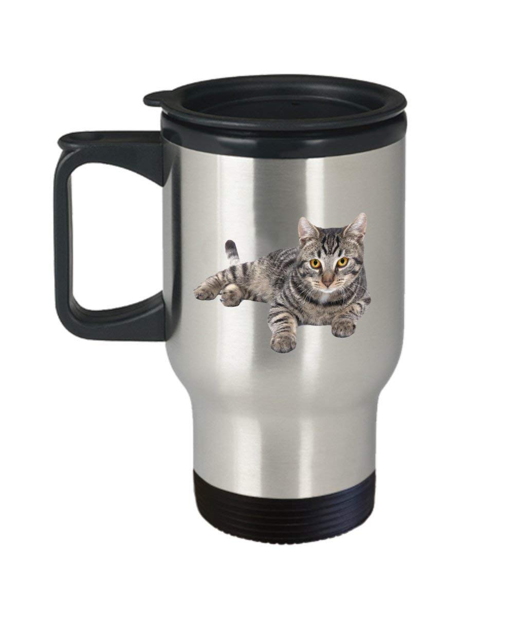 Grey Tabby Cat Travel Mug - Funny Insulated Tumbler- Novelty Birthday Christmas Anniversary Gag Gifts Idea