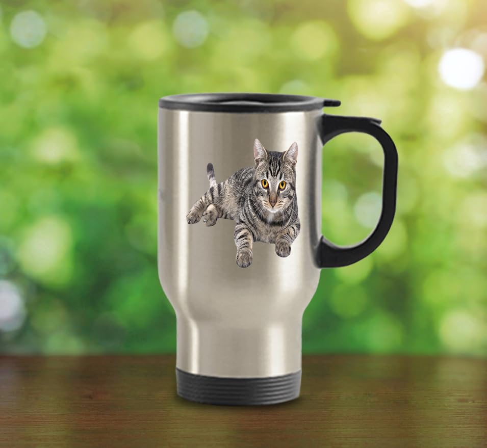 Grey Tabby Cat Travel Mug - Funny Insulated Tumbler- Novelty Birthday Christmas Anniversary Gag Gifts Idea