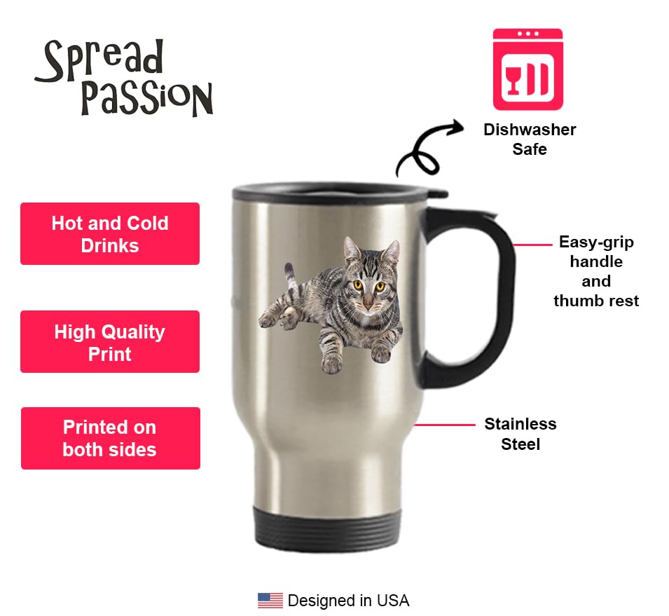 Grey Tabby Cat Travel Mug - Funny Insulated Tumbler- Novelty Birthday Christmas Anniversary Gag Gifts Idea