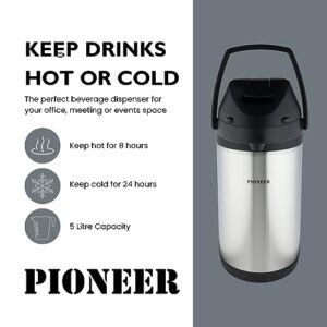 Pioneer Flasks Stainless Steel Airpot Hot Cold Water Tea Coffee Dispenser Conference Event Flask, 5 litres, SS50HC, Silver