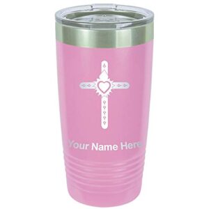 lasergram 20oz vacuum insulated tumbler mug, cross with heart, personalized engraving included (light purple)