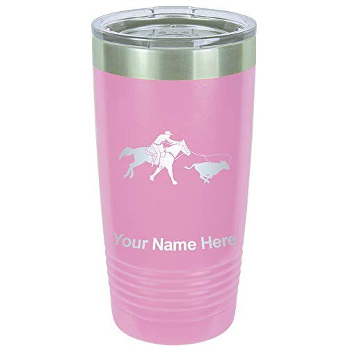 LaserGram 20oz Vacuum Insulated Tumbler Mug, Cowgirl Roping a Calf, Personalized Engraving Included (Light Purple)