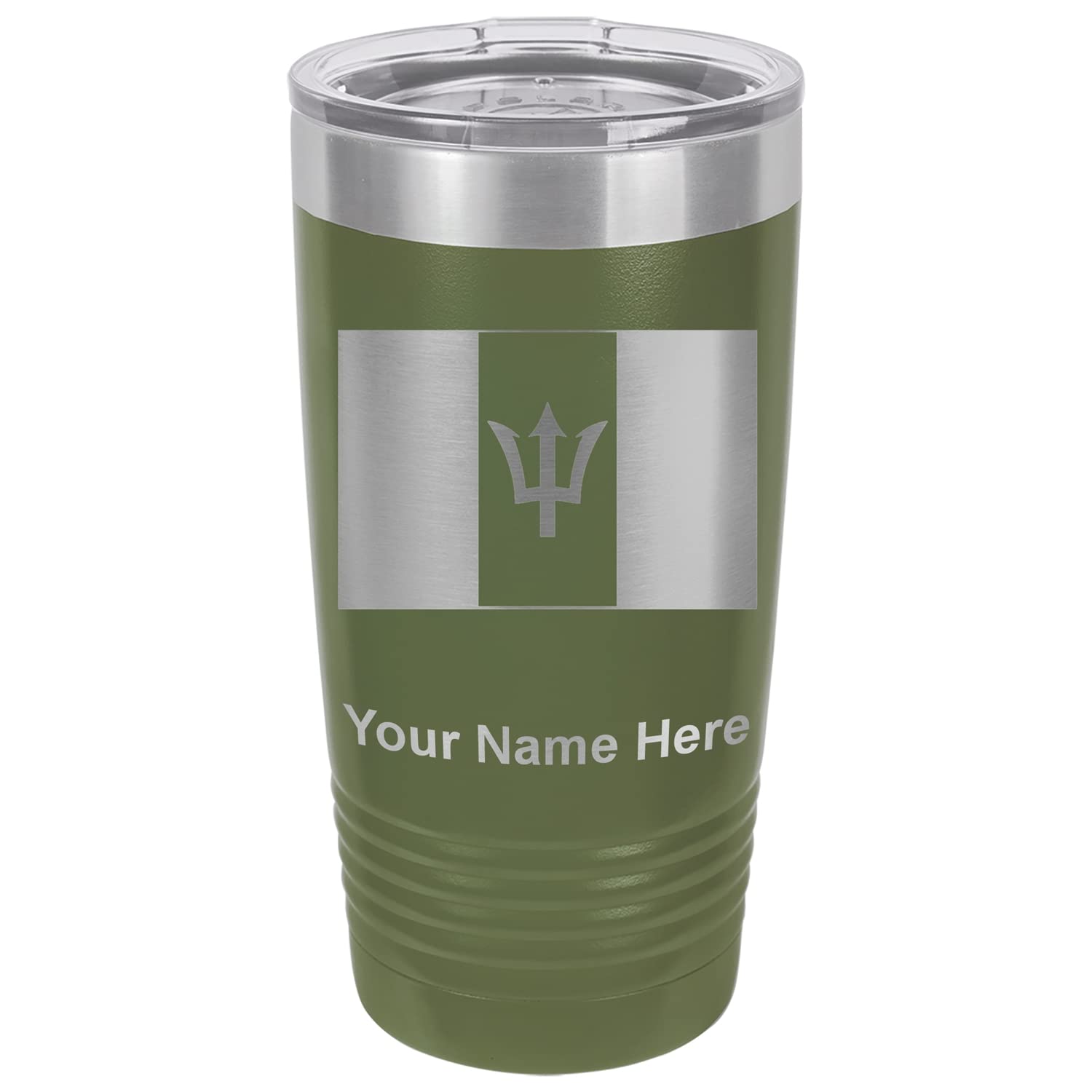 LaserGram 20oz Vacuum Insulated Tumbler Mug, Flag of Barbados, Personalized Engraving Included (Camo Green)