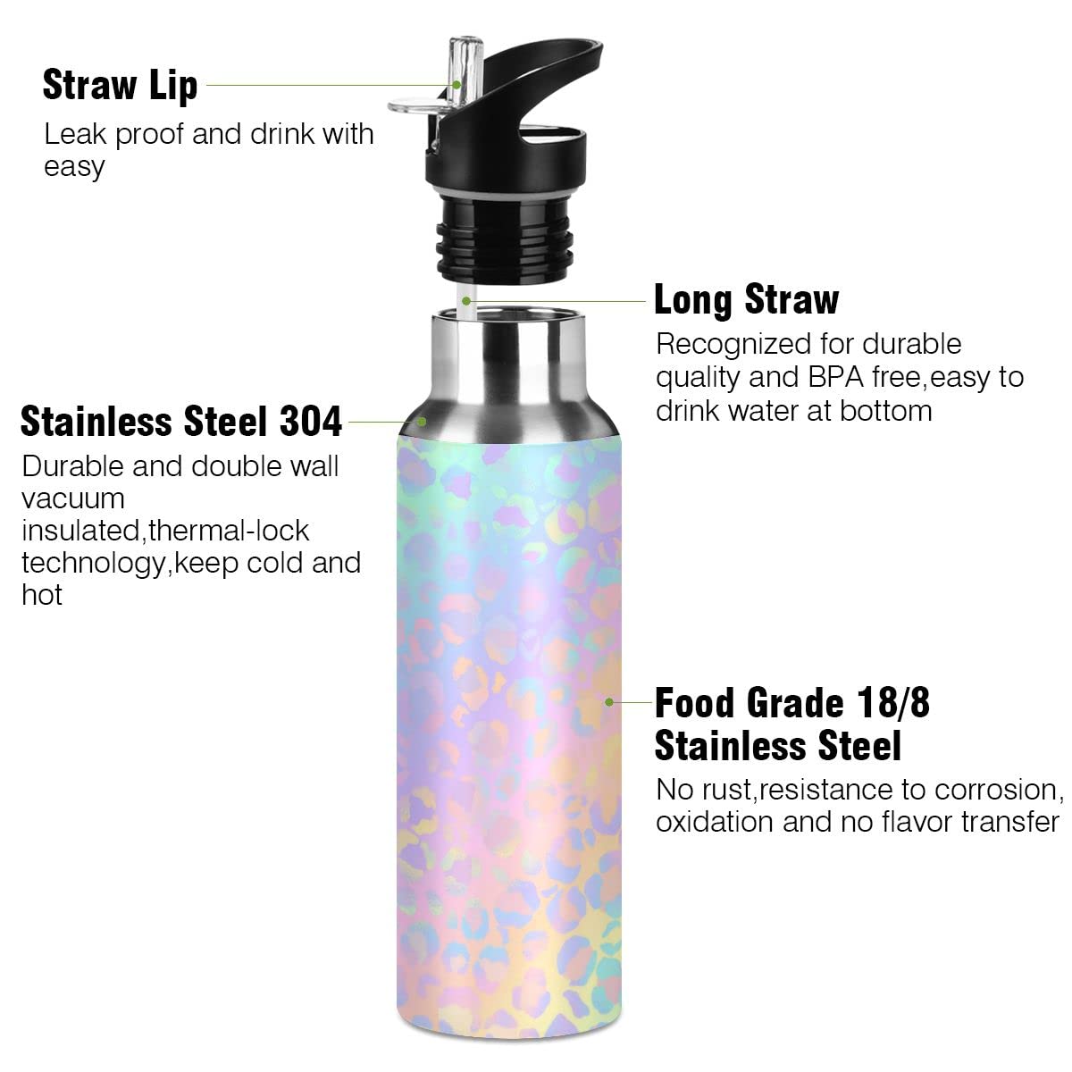 Glaphy Rainbow Leopard Print Water Bottle with Straw Lid, BPA-Free, 32 oz Water Bottles Insulated Stainless Steel, for School, Office, Sports