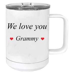 customgiftsnow we love you grammy stainless steel vacuum insulated 15 oz travel coffee mug with slider lid, white