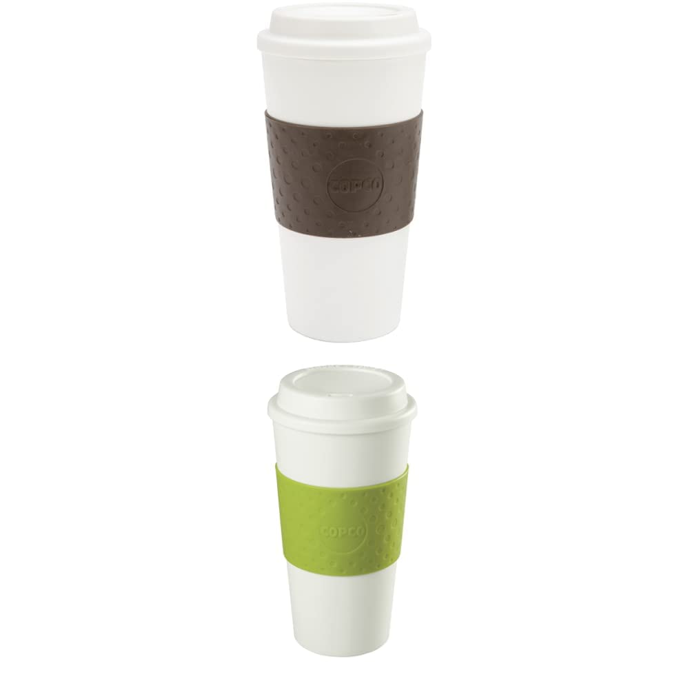 Copco Acadia Double Wall Insulated Travel Mug with Non-Slip Sleeve, 16-Ounce, White/Brown, Green Acadia Travel Mug, 16-Ounce, 1 Count (Pack of 1)