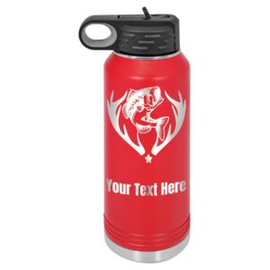 customized water bottles with flip-top lid and straw, personalized stainless steel sports fishing double wall thermos, custom your name and text engraved 32 oz (red)