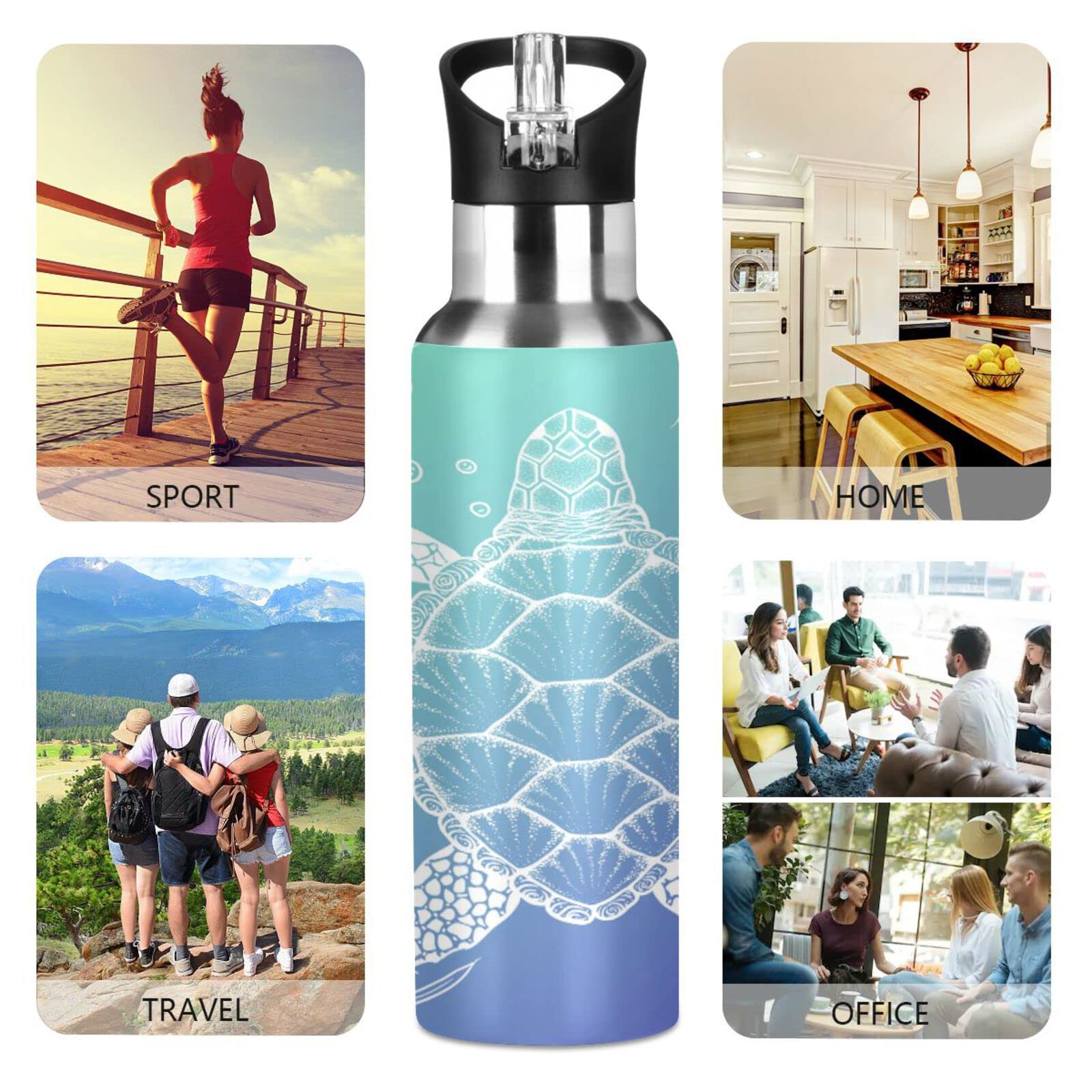 Sea Turtle Leak Free Insulated Bottles with Handle 32 oz Vaccuum Bottle with Straw Lid Thermal Bottle for Hiking Biking BAP-Free