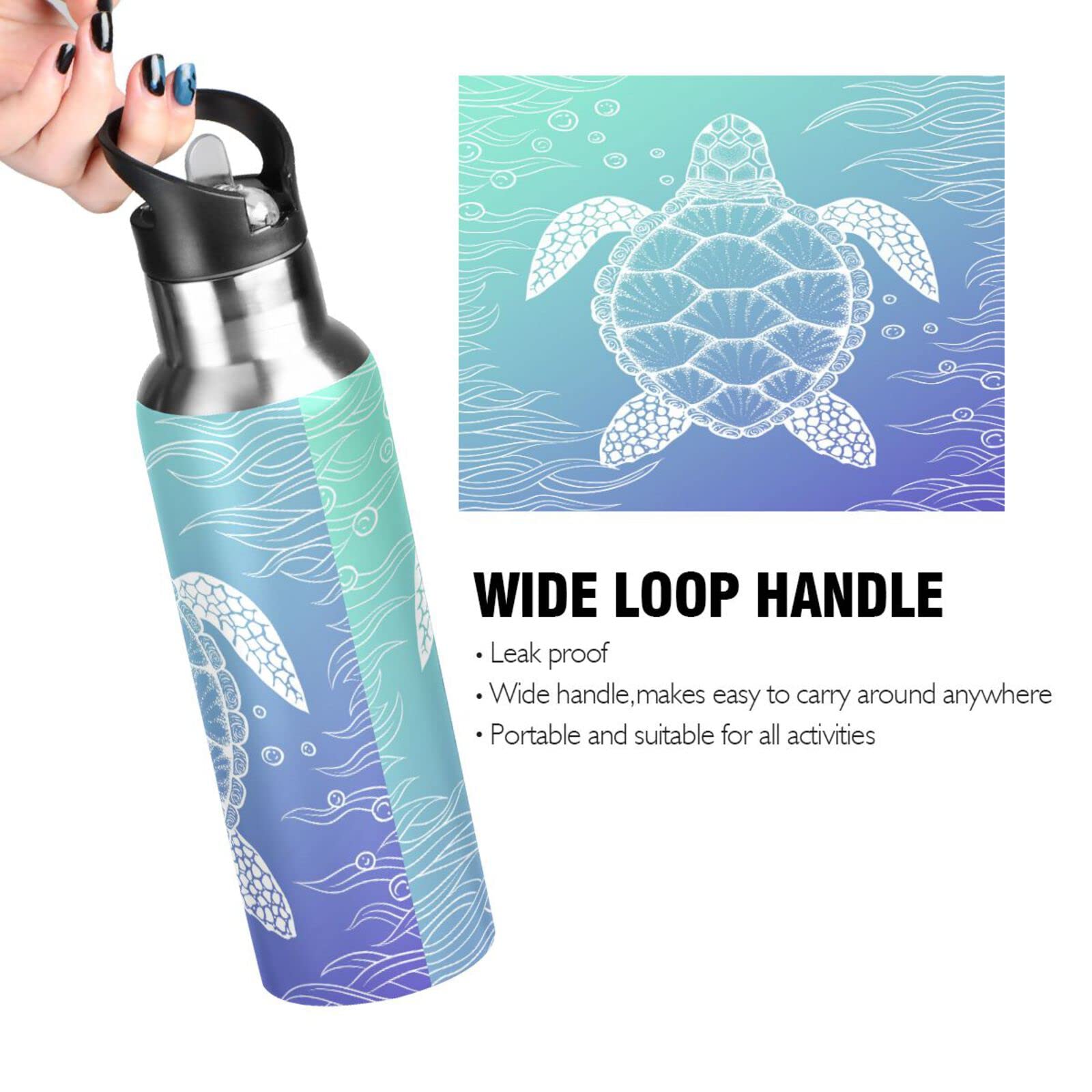 Sea Turtle Leak Free Insulated Bottles with Handle 32 oz Vaccuum Bottle with Straw Lid Thermal Bottle for Hiking Biking BAP-Free