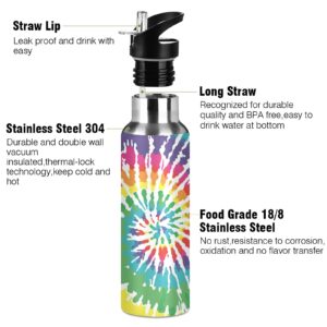 Insulated Water Bottle with Straw Lid for Kids and Drivers,Sports and Travel Reusable Double Wall Vacuum-Insulated Stainless Thermos with Wide Handle,BPA-Free,21-Ounce (600ml),Tie Dye