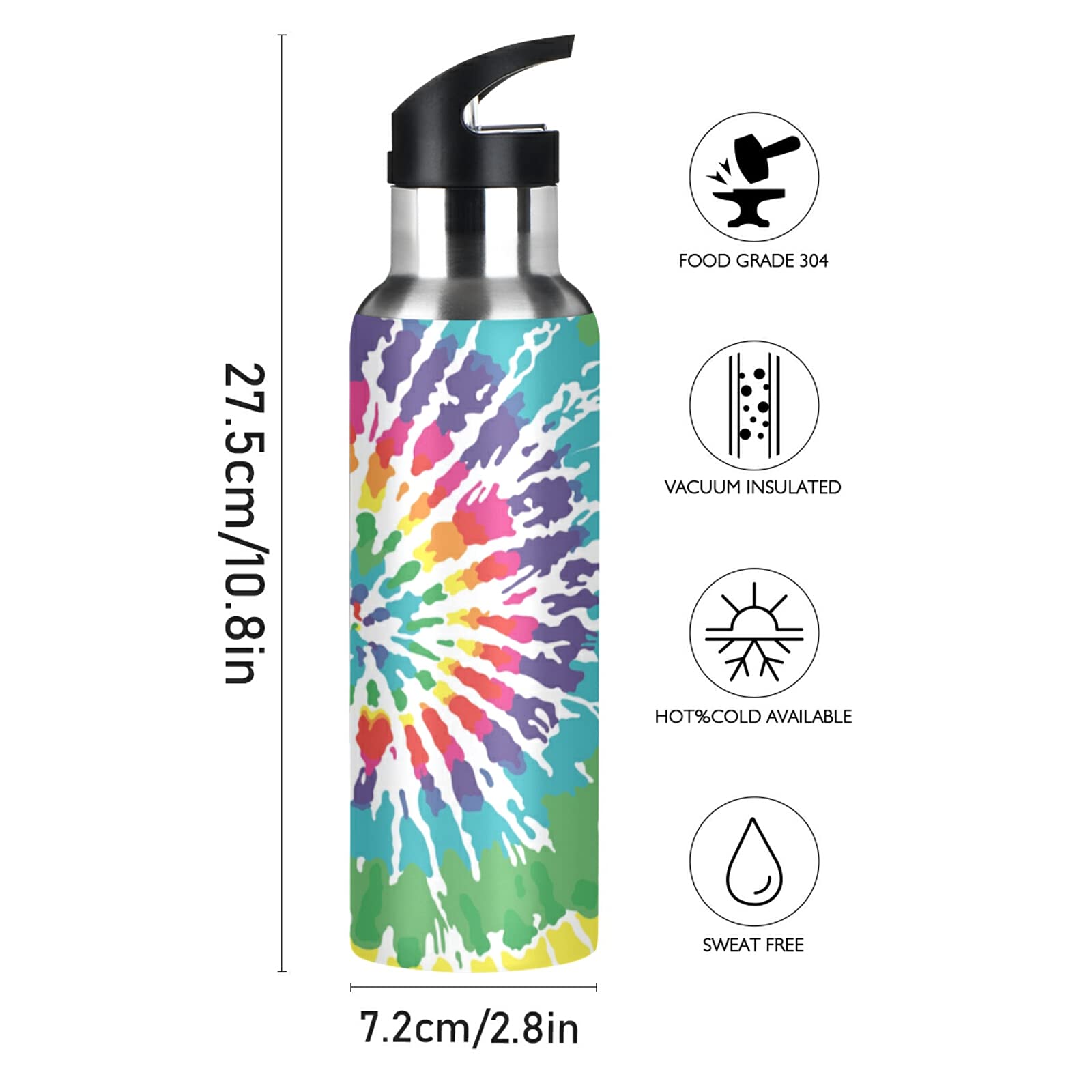 Insulated Water Bottle with Straw Lid for Kids and Drivers,Sports and Travel Reusable Double Wall Vacuum-Insulated Stainless Thermos with Wide Handle,BPA-Free,21-Ounce (600ml),Tie Dye