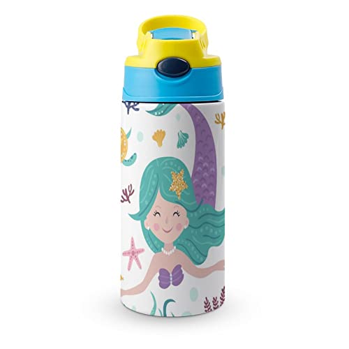 Water Bottle With Straw Mermaid Insulated Stainless Steel Vacuum Cup 500Ml For School 7.5x2.7 in