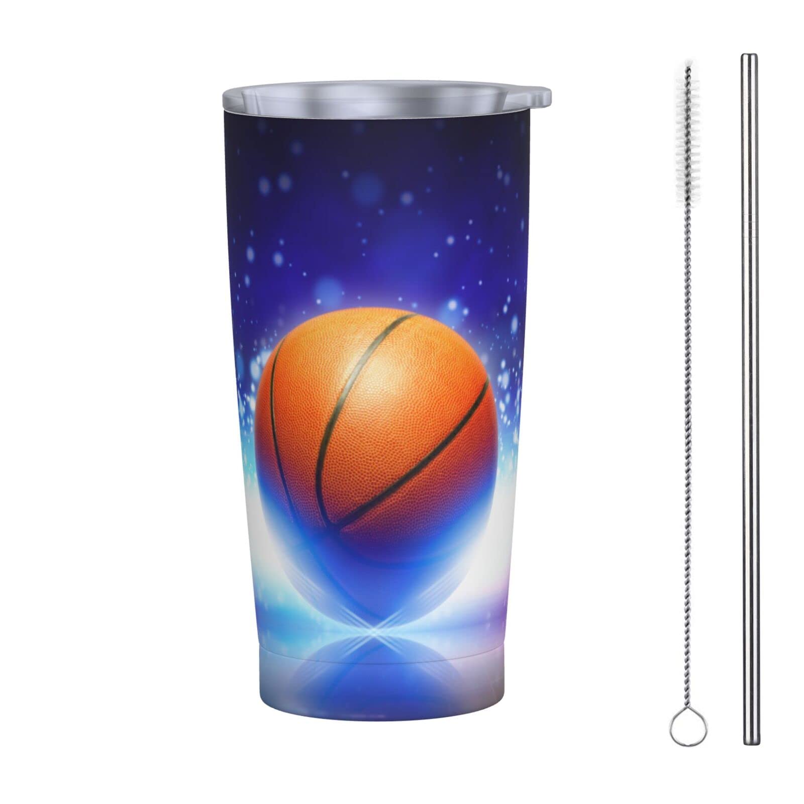 Dujiea 20oz Tumbler With Lid And Straw, Basketball And Blue Light Vacuum Insulated Iced Coffee Mug Reusable Travel Cup Stainless Steel Water Bottle